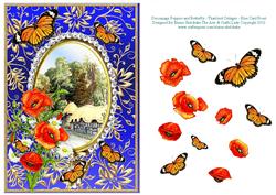 Poppies Daisies Butterflies - Thatched Cottages - on Blue