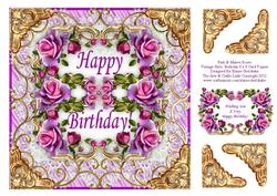 Pink and Mauve Roses Vintage Style 8 x 8 Birthday Card