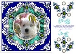 8 x 8 Vintage Lace Westie Puppy Dog Card Front on Blue
