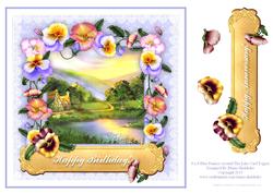 8 x 8 Pansies Around the Lake on Blue Lace Card Topper