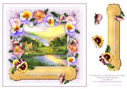 8 x 8 Pansies Around the Lake on Pink Lace Card Topper