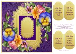 8 x 8 Pansies on Purple & Gold Card Topper