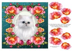 8 x 8 Baby Blue Eyes Kitty Cat & Roses Decoupage Card Topper