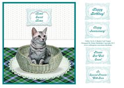 Tabby Kitty Cat in a Basket Card Topper + Greetings