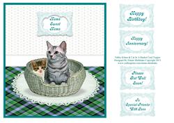 Tabby Kitten & Cat in a Basket Topper Card + Greetings