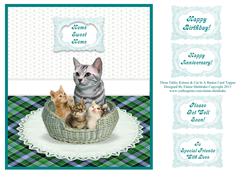 3 x Tabby Kittens & Cat in a Basket Card Topper + Greetings