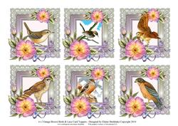 6 x Vintage Birds Roses & Lace Greetings Toppers