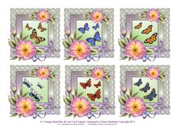 6 x Vintage Butterflies Roses & Lace Greetings Toppers