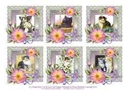 6 x Vintage Kitten Cats Roses & Lace Greetings Toppers
