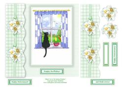 Black Cat in the Spring Window 8 x 8 Decoupage Card Topper