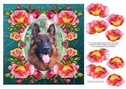 8 x 8 German Shepherd Dog & Roses Card Topper & Decoupage