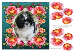 8 x 8 Nancy Shih Tzu Puppy Dog Roses Card Topper & Decoupage