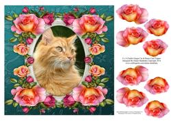 8 x 8 Charlie Ginger Cat & Roses Card Topper & Decoupage
