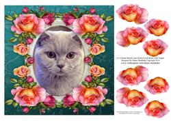 8 x 8 Shaun British Lilac Cat & Roses Topper & Decoupage