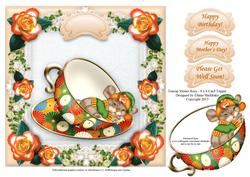 Teacup Rosy Mouse - 8" x 8" Card Topper
