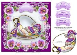 Teacup Pansy Mouse - 8" x 8" Card Topper