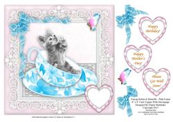 Teacup Kitten & Butterfly in Pink Frame - 8" x 8" Topper