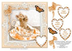 Teacup Kitten & Butterfly in Peach Frame - 8" x 8" Topper