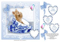 Teacup Kitten & Butterfly in Blue Frame - 8" x 8" Topper