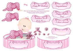 Baby Girl & Teddy Bear - Shaped Card Topper with Decoupage