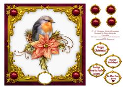 Christmas Robin & Poinsettias - 8" x 8" Card Topper