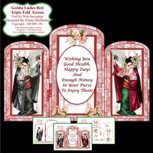 Triple Fold Geisha Red Screen - Card Kit with Decoupage