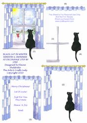 Black Cat in Winter Window & Snowman Christmas 3D Decoupage