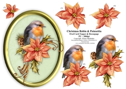 Christmas Robin & Poinsettia - 5 x 7 Oval decoupage Card Topper