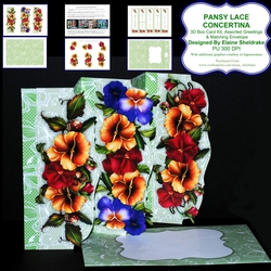Pansy Flowers Butterfly Lace 3 Fold Concertina Kit, Assorted Greetings, Decoupage & Matching Envelope _ PU - 300 DPI