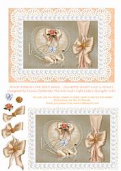 Peach Ribbon Love Bird Swans - Diamond Heart Lace & Pearls