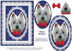 West Highland Terrier Blue Tartan Lace & Pearls White Westie