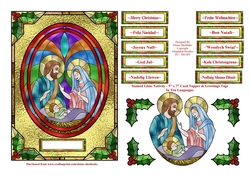 Stained Glass Christmas Nativity 5 x 7 Card Topper With Greetings in Ten Languages