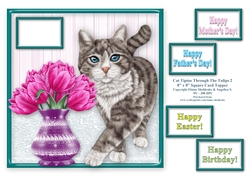 Silver Grey Tabby Cat Tiptoeing Round The Tulips - 8 x 8 Card Topper