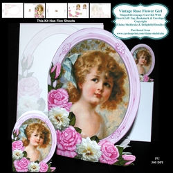 Vintage Rose Flower Girl - Shaped Decoupage Card Kit With Insert, Gift Tag, Bookmark & Matching Envelope