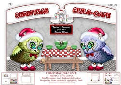 Christmas Owls Cafe, Shaped Cut And Fold Card Kit With Decoupage, Insert, Envelope & Bookmark