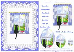Black Cat in Spring Window Lace & Pearls Birthday Pyramid