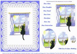 Black Cat in Autumn Window Lace & Pearls Card Front