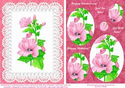 Pink Lavateria Flowers Lace & Pearls Oval Pyramid Card