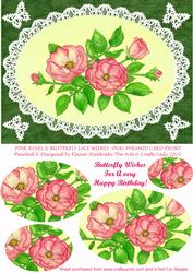 Pink Roses and Butterfly Lace Birthday Wishes Oval Pyramid