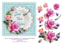 Pink Roses Violets & Dragonfly 6 x 6 Card Topper With Decoupage To Download And Make Cards With