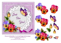 Pansy Flowers & Butterflies 6 x 6 Card Topper With Decoupage To Download And Make Cards With