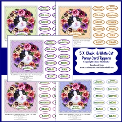 Five 6 x 6 Assorted Black & White Cat Card Toppers With Pansies & Lace