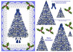 Blue & White Tree Holly Lace Pearls Decoupage Christmas Card