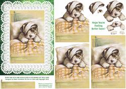 Puppy Dog with Sore Head in Bed A5 Decoupage Get Well Card