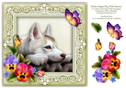 Husky Dog Pansies Butterfly 8 x 8 Card Topper With Decoupage