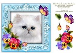 White Persian Kitten Cat & Pansies 8 x 8 Card Topper With Decoupage