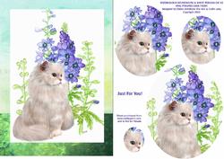 Watercolour Delphiniums with White Persian Cat A5 Card Front