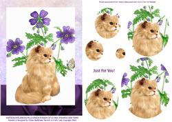 Watercolour Geraniums with Ginger Persian Cat A5 Card Front