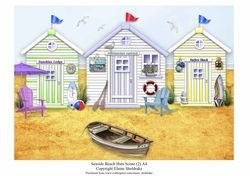 Three Lovely Beach Huts A4 Seaside Scene (2)