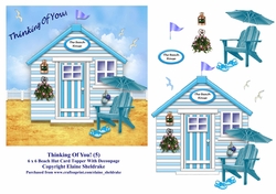 Thinking Of You Aqua Blue Beach Hut 6 x 6 Card Topper With Decoupage